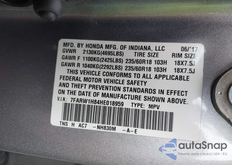 2017 Honda Cr-V Ex-L/Ex-L Navi из США, поврежденный, VIN 7FARW1H84HE018959